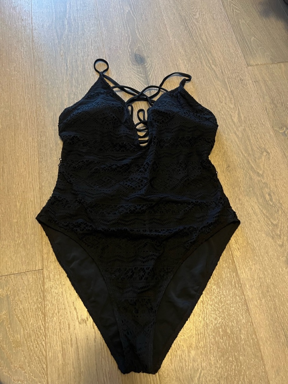 Black Lace One-Piece Swimsuit with Strappy V-Neck